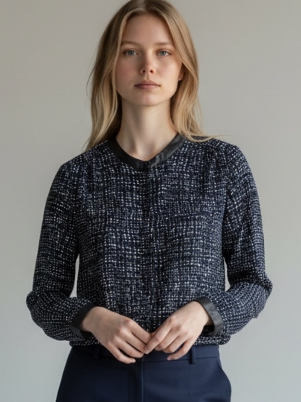 Cynthia Rowley Blue Black Abstract Grid Blouse Faux Leather Trim Size Small